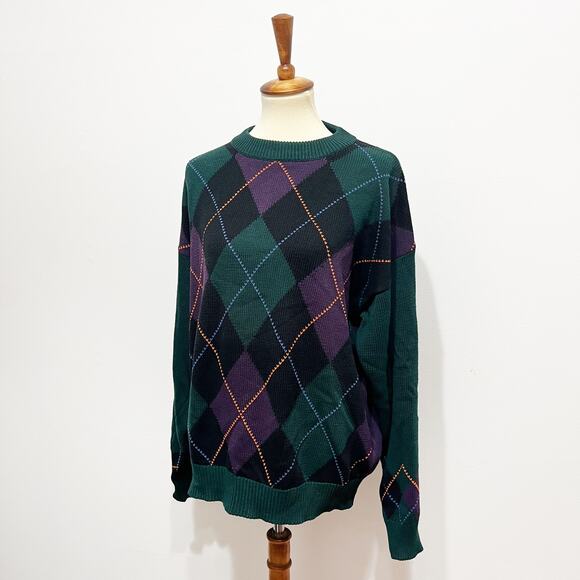 Nautica Vintage 100% cotton argyle crewneck sweater green purple Size Large - Picture 1 of 4